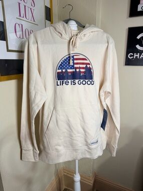 Life Is Good Men's Cream Zip-Up Hoodie with Navy & Red Graphic